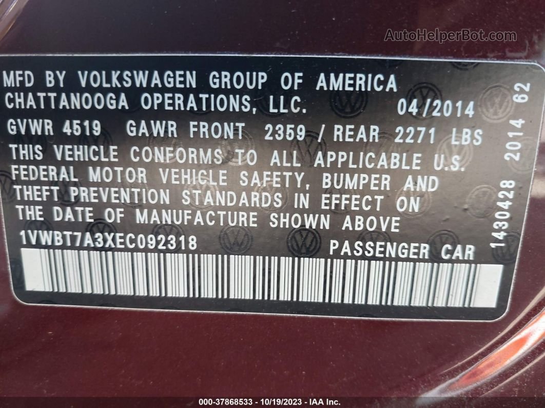 2014 Volkswagen Passat 1.8t Se Темно-бордовый vin: 1VWBT7A3XEC092318