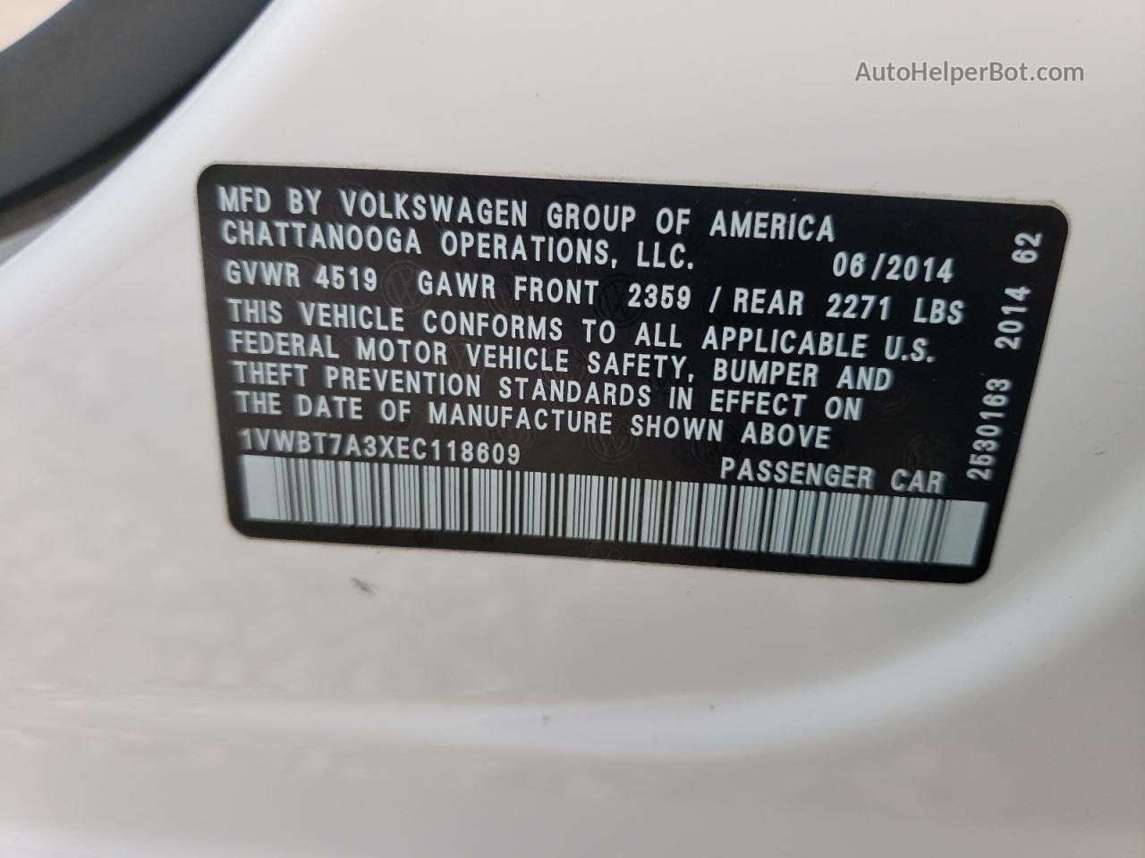 2014 Volkswagen Passat Se White vin: 1VWBT7A3XEC118609
