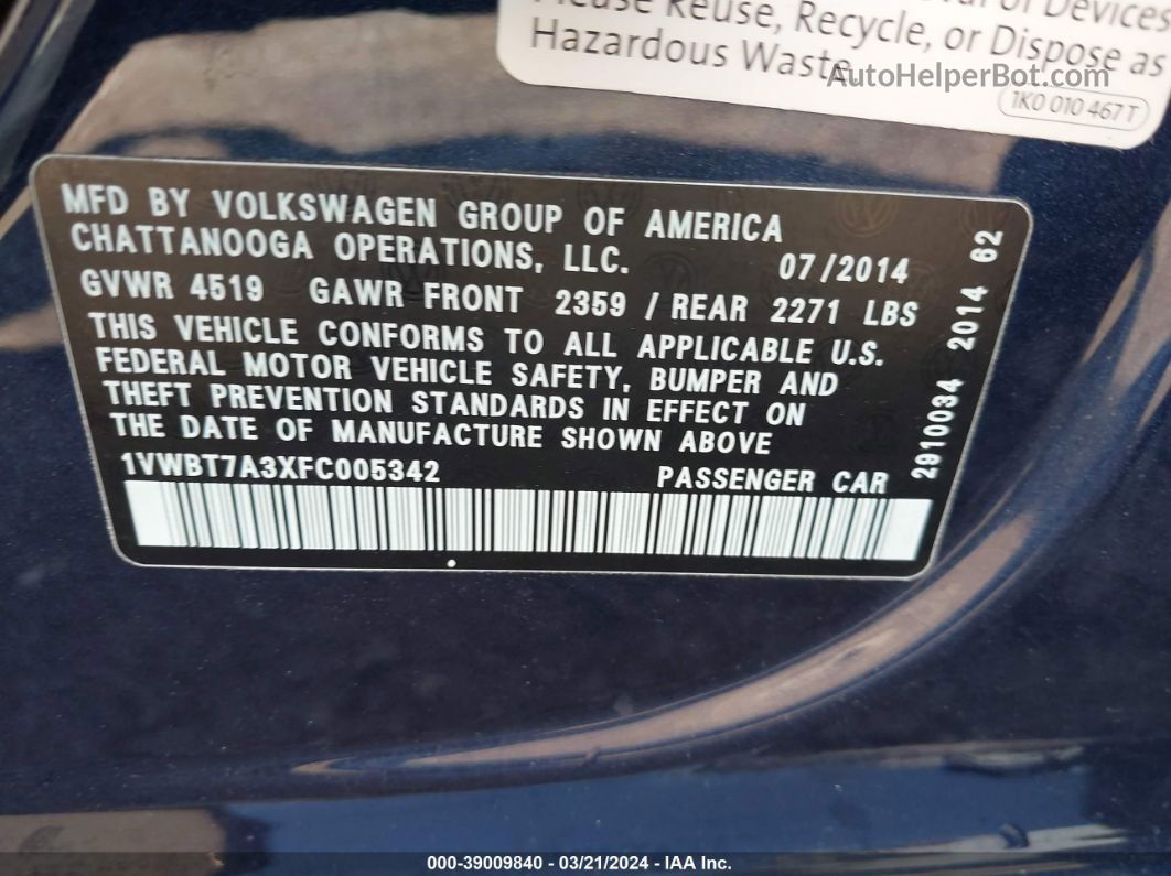 2015 Volkswagen Passat 1.8t Se Dark Blue vin: 1VWBT7A3XFC005342