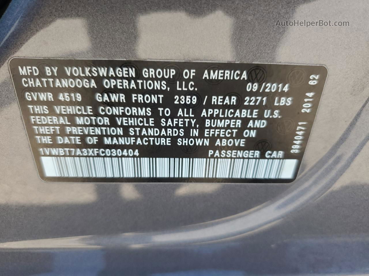 2015 Volkswagen Passat Se Gray vin: 1VWBT7A3XFC030404