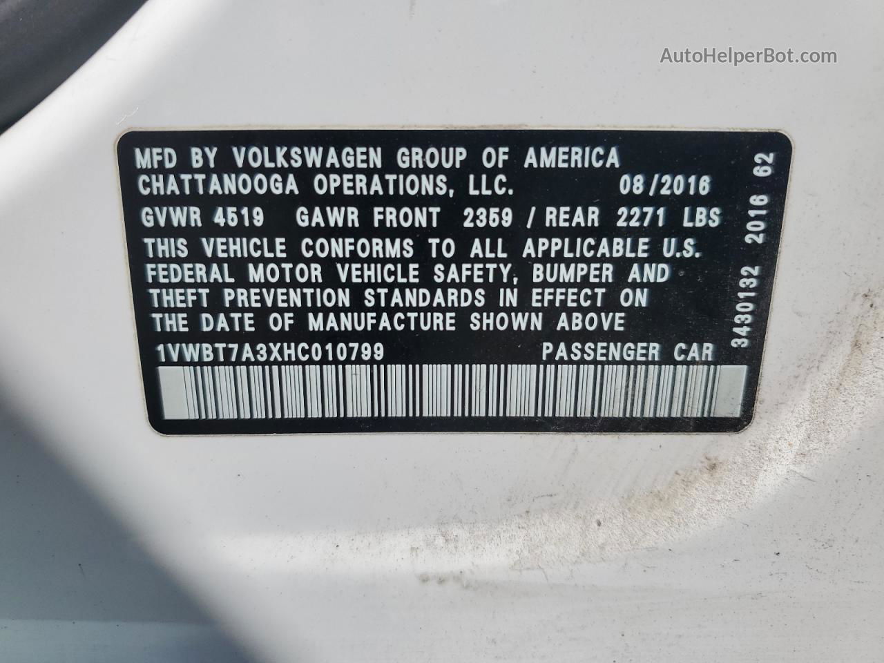 2017 Volkswagen Passat Se White vin: 1VWBT7A3XHC010799
