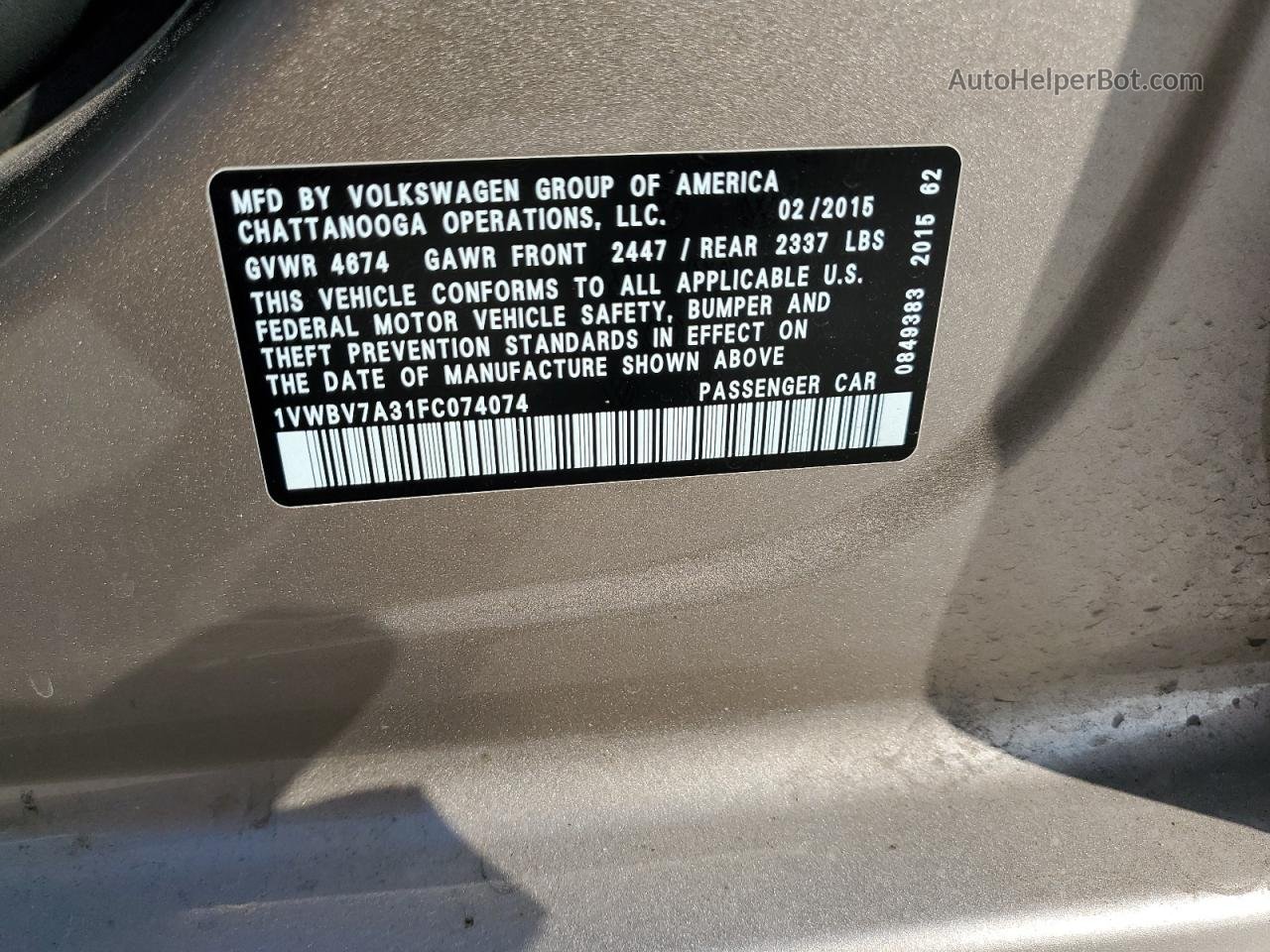 2015 Volkswagen Passat Se Tan vin: 1VWBV7A31FC074074