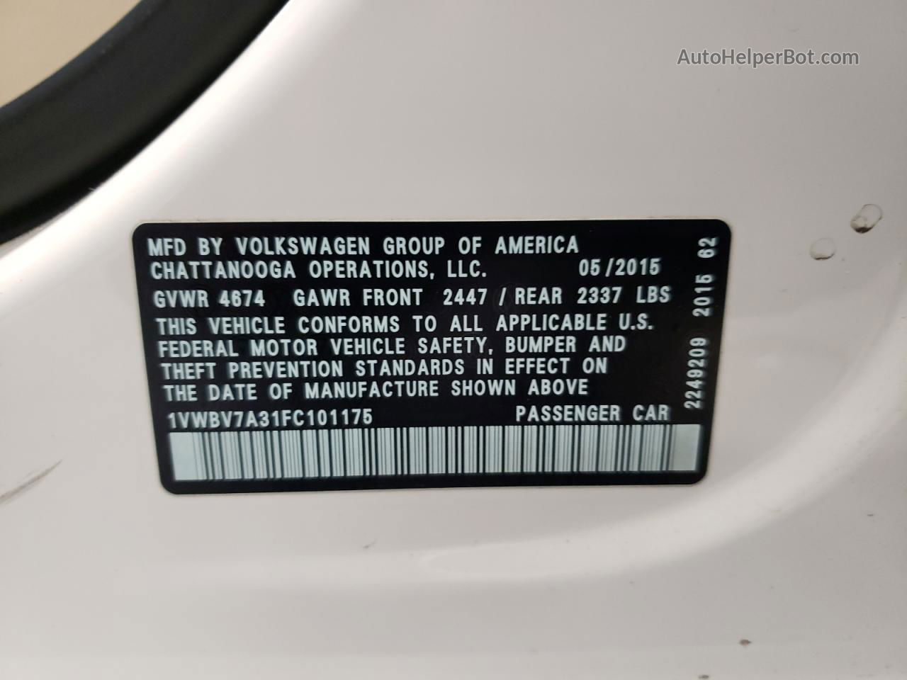 2015 Volkswagen Passat Se White vin: 1VWBV7A31FC101175