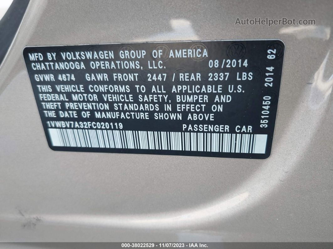 2015 Volkswagen Passat 2.0l Tdi Se Желто-коричневый vin: 1VWBV7A32FC020119