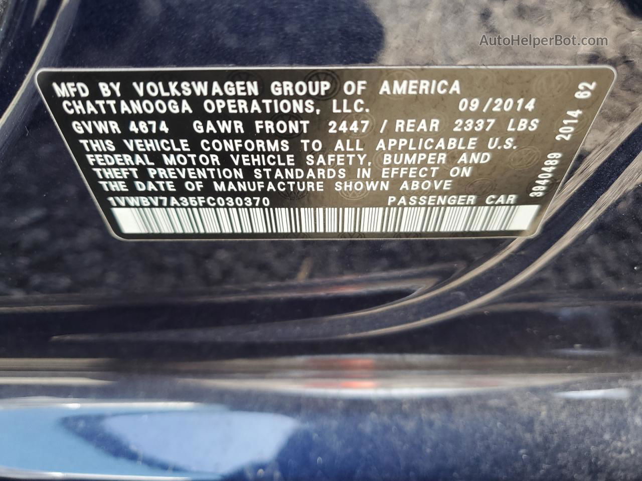 2015 Volkswagen Passat Se Blue vin: 1VWBV7A35FC030370
