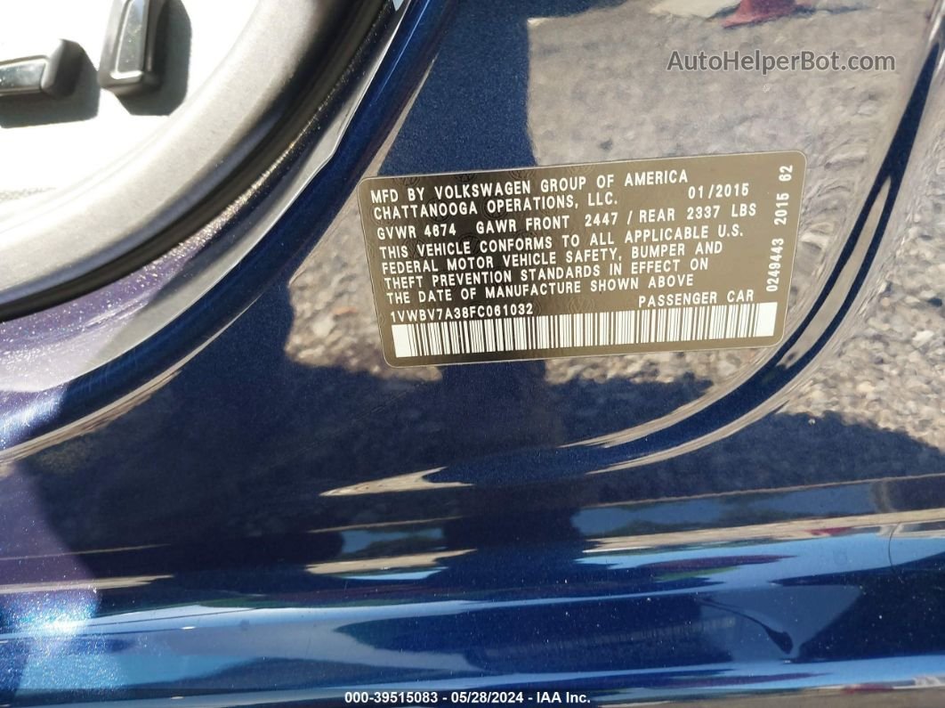 2015 Volkswagen Passat 2.0l Tdi Se Blue vin: 1VWBV7A38FC061032
