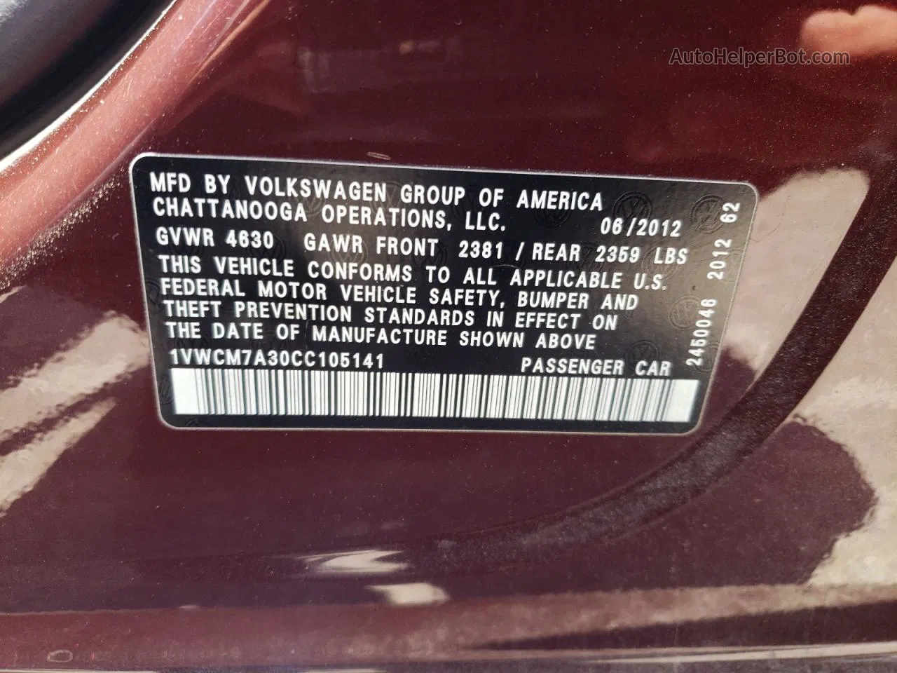 2012 Volkswagen Passat Sel Burgundy vin: 1VWCM7A30CC105141