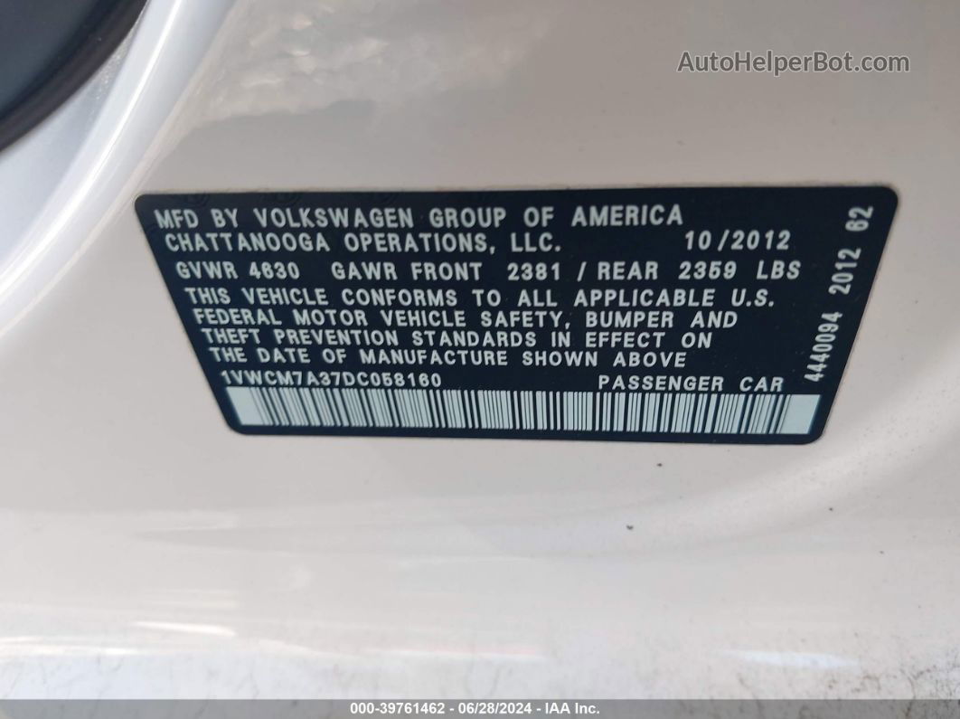 2013 Volkswagen Passat 3.6l V6 Sel Premium White vin: 1VWCM7A37DC058160