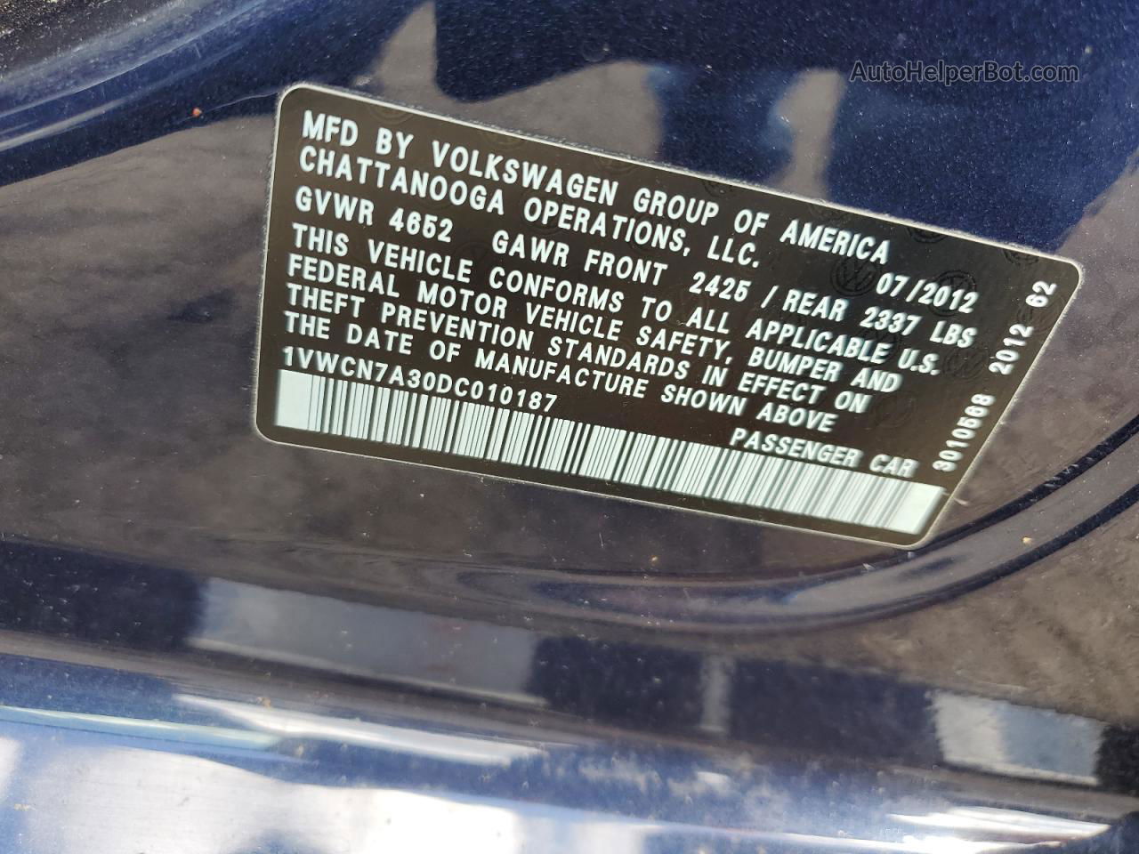 2013 Volkswagen Passat Sel Blue vin: 1VWCN7A30DC010187