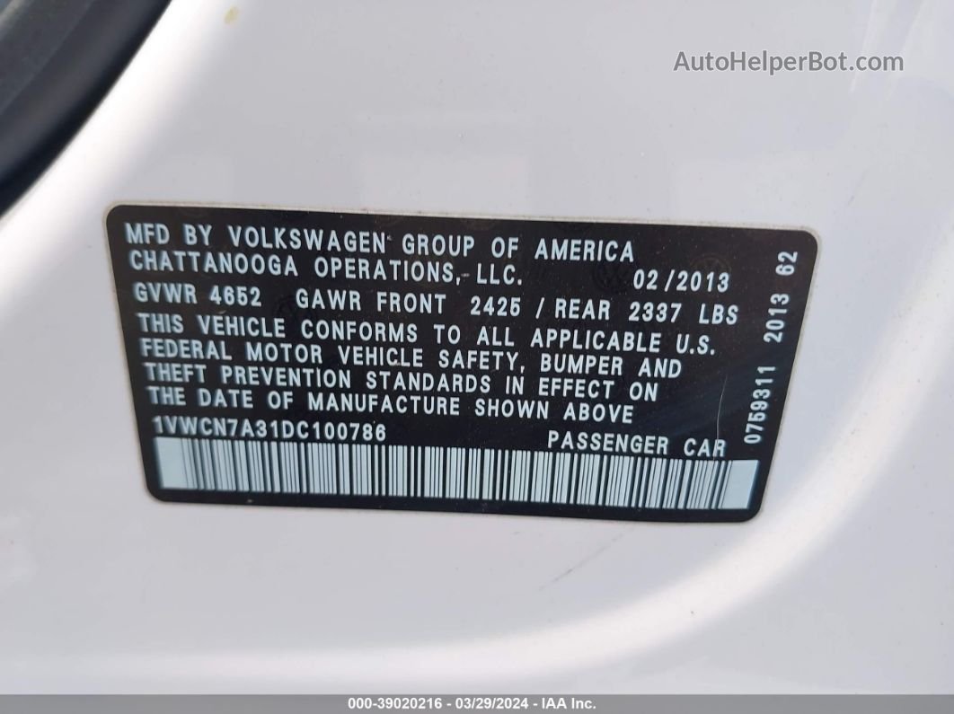 2013 Volkswagen Passat 2.0l Tdi Sel Premium Белый vin: 1VWCN7A31DC100786