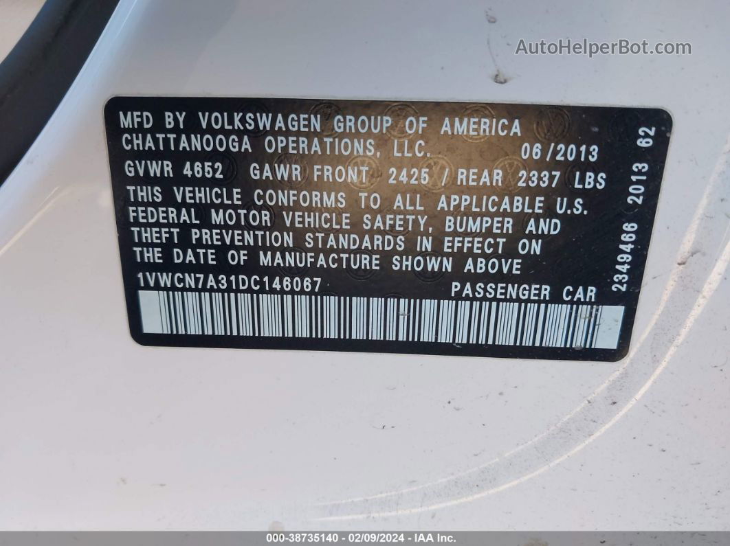 2013 Volkswagen Passat 2.0l Tdi Sel Premium White vin: 1VWCN7A31DC146067