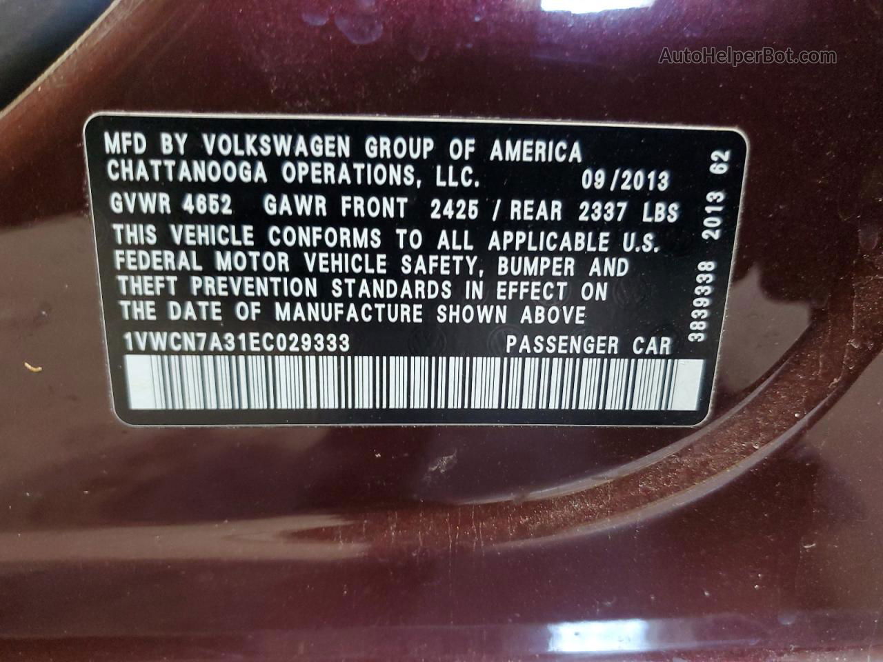 2014 Volkswagen Passat Sel Burgundy vin: 1VWCN7A31EC029333