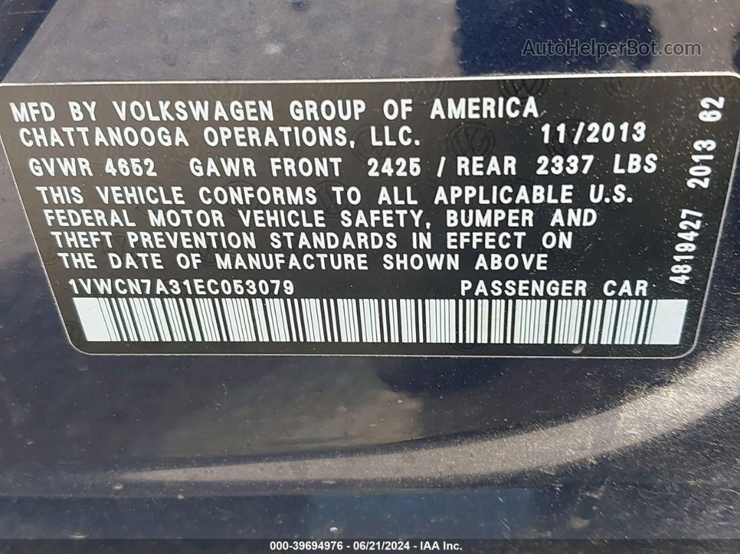 2014 Volkswagen Passat 2.0l Tdi Sel Premium Blue vin: 1VWCN7A31EC053079