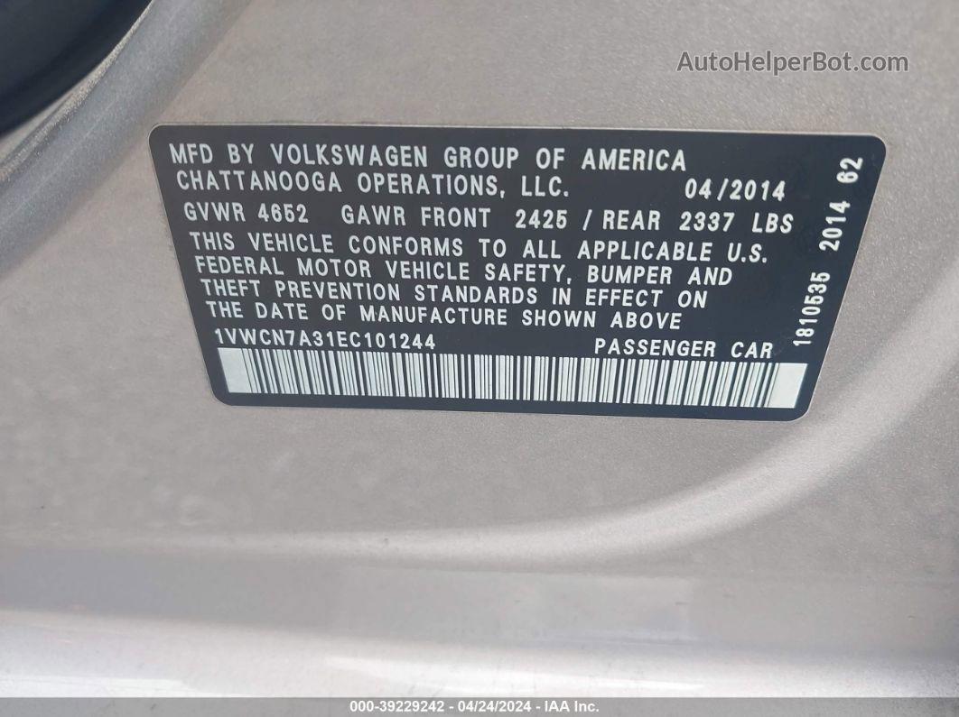 2014 Volkswagen Passat 2.0l Tdi Sel Premium Gray vin: 1VWCN7A31EC101244