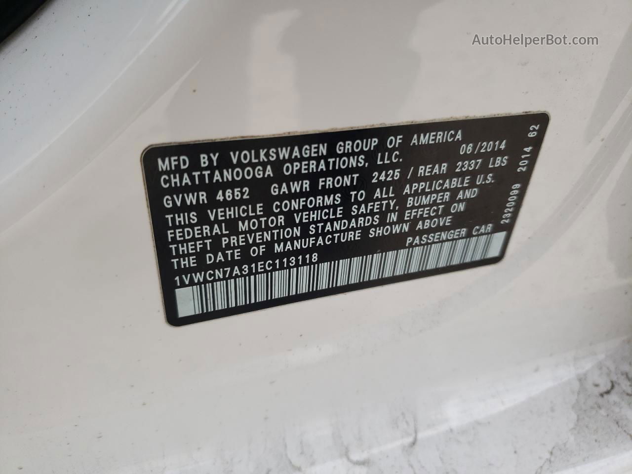 2014 Volkswagen Passat Sel White vin: 1VWCN7A31EC113118