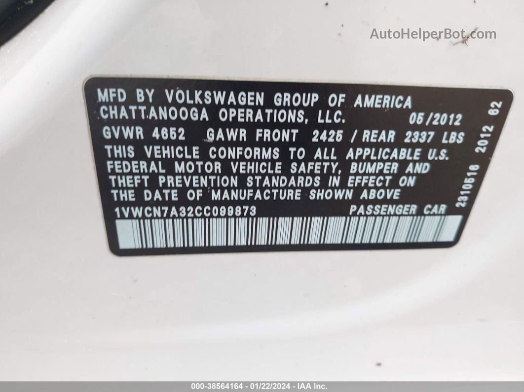 2012 Volkswagen Passat 2.0l Tdi Sel Premium Белый vin: 1VWCN7A32CC099873