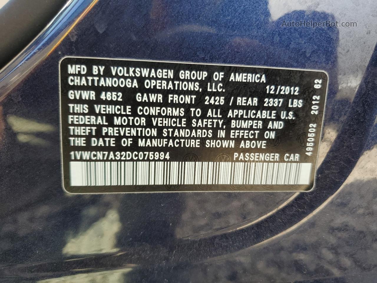 2013 Volkswagen Passat Sel Blue vin: 1VWCN7A32DC075994