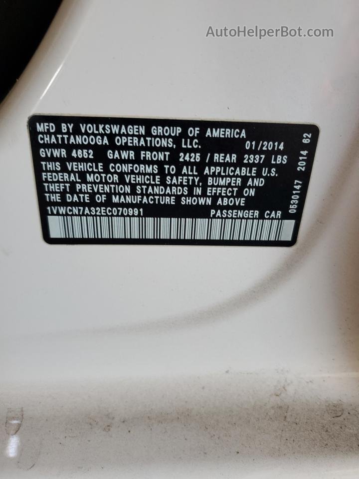 2014 Volkswagen Passat Sel Белый vin: 1VWCN7A32EC070991