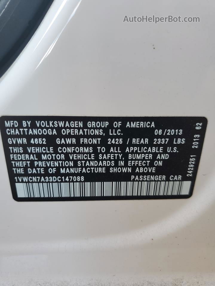 2013 Volkswagen Passat Sel White vin: 1VWCN7A33DC147088