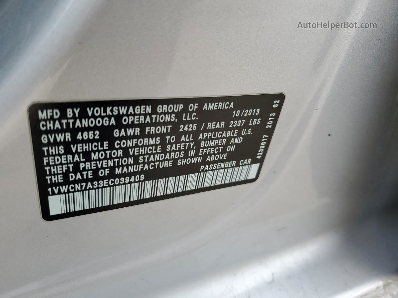 2014 Volkswagen Passat Sel Silver vin: 1VWCN7A33EC039409