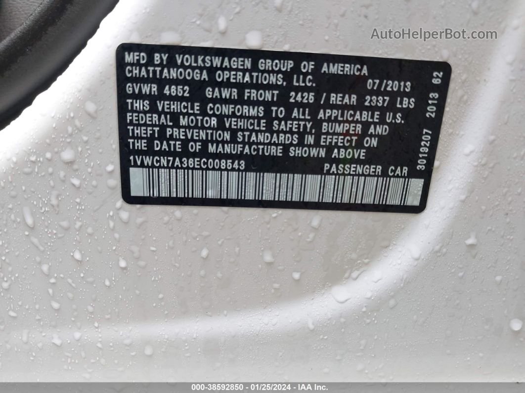 2014 Volkswagen Passat 2.0l Tdi Sel Premium White vin: 1VWCN7A36EC008543