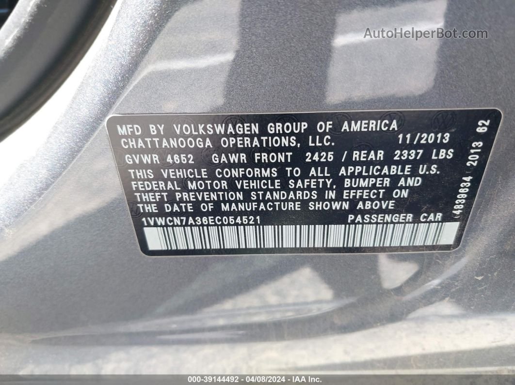 2014 Volkswagen Passat 2.0l Tdi Sel Premium Gray vin: 1VWCN7A36EC054521