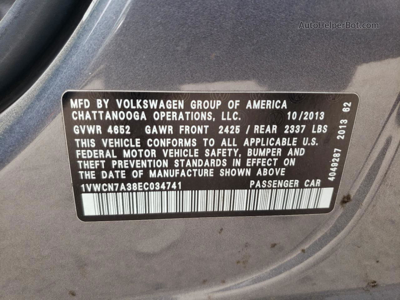 2014 Volkswagen Passat Sel Gray vin: 1VWCN7A38EC034741