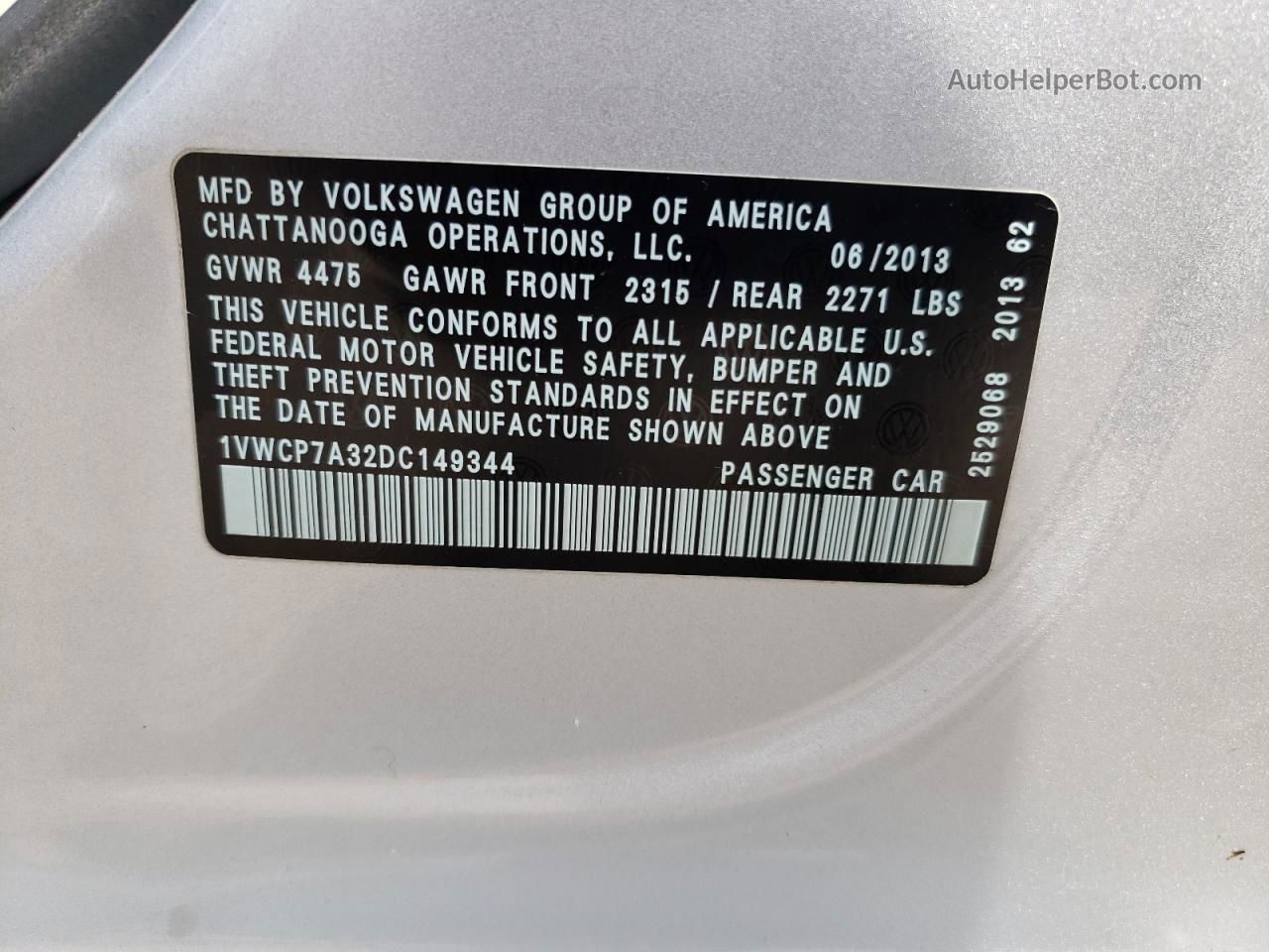 2013 Volkswagen Passat Sel Silver vin: 1VWCP7A32DC149344