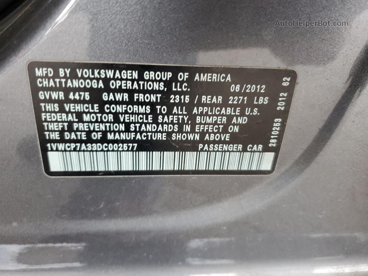 2013 Volkswagen Passat Sel Gray vin: 1VWCP7A33DC002577