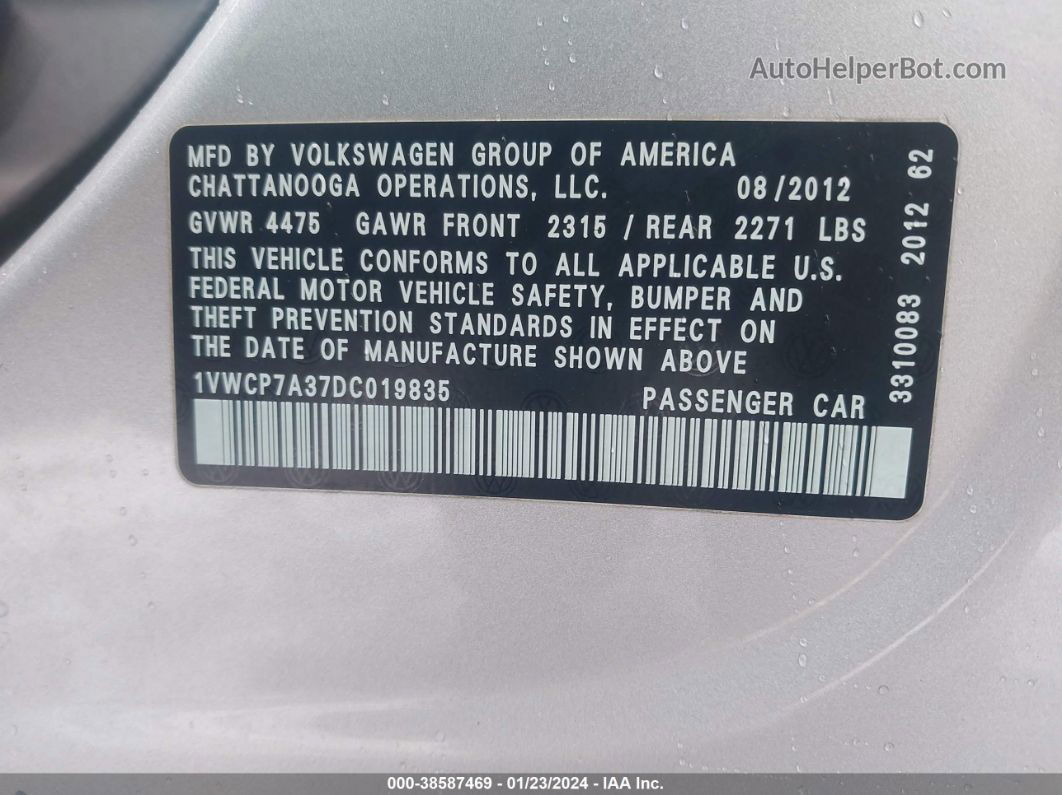 2013 Volkswagen Passat 2.5l Sel Silver vin: 1VWCP7A37DC019835