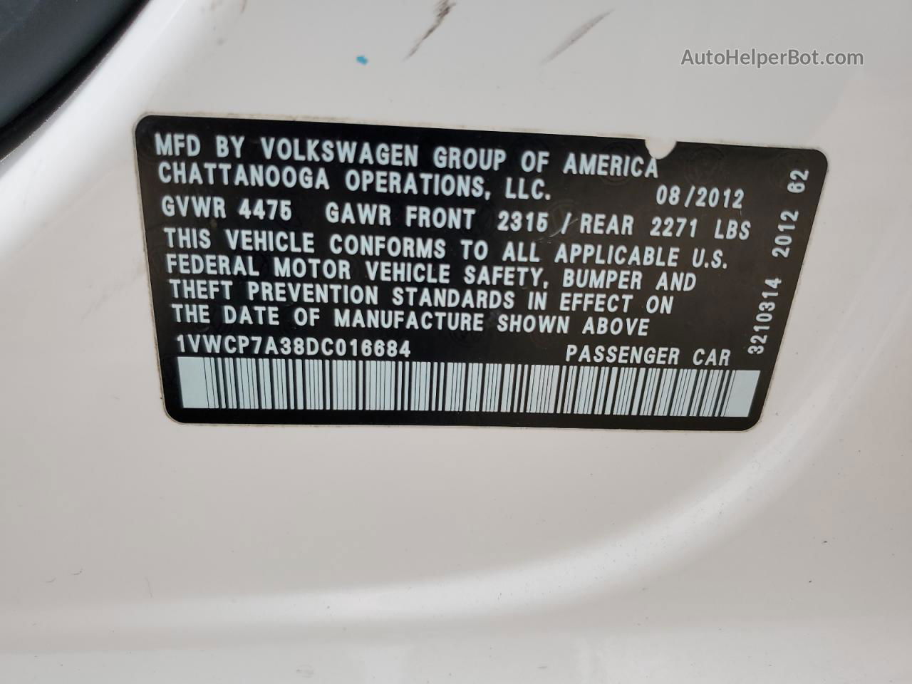 2013 Volkswagen Passat Sel White vin: 1VWCP7A38DC016684