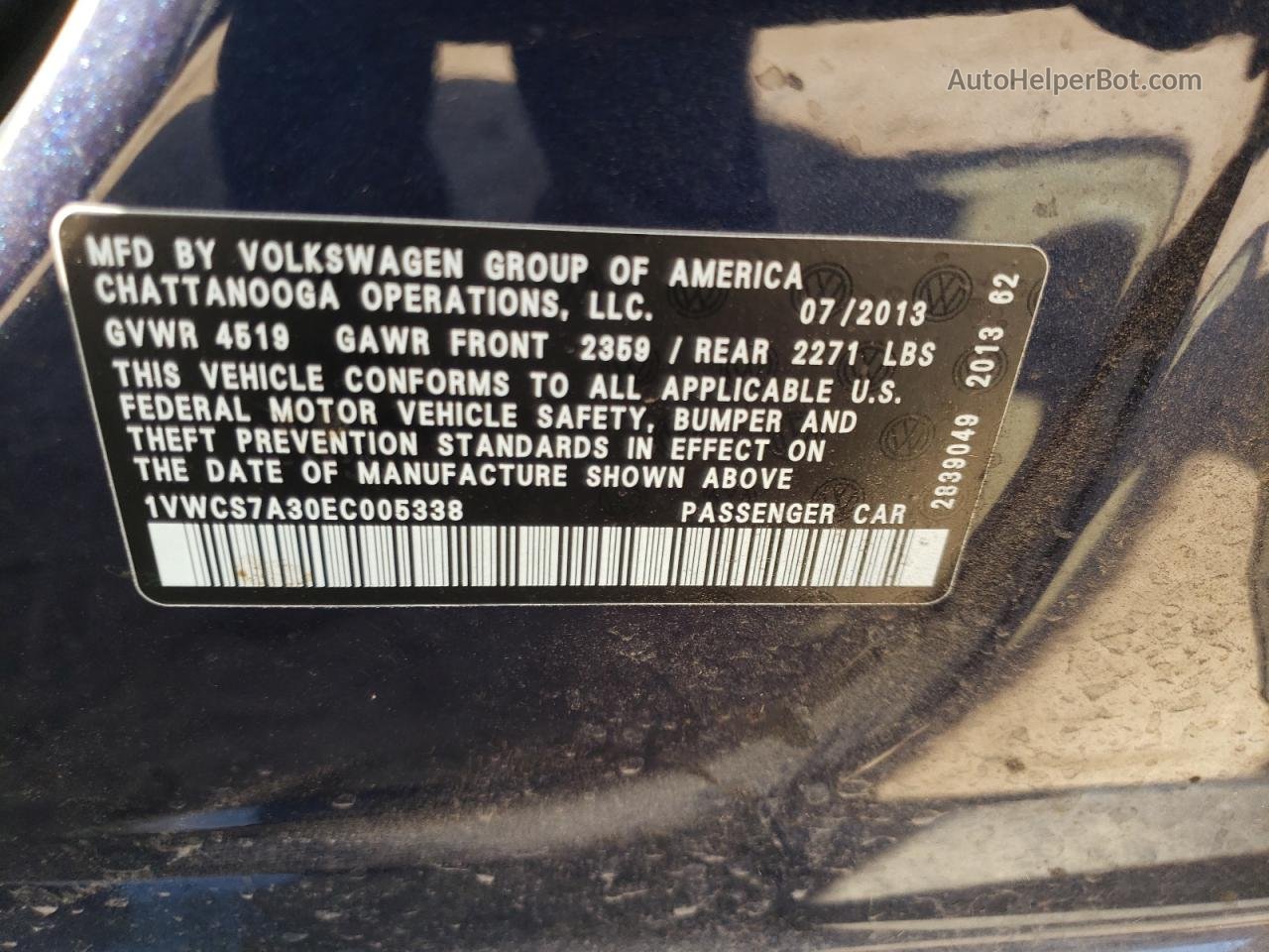 2014 Volkswagen Passat Sel Синий vin: 1VWCS7A30EC005338