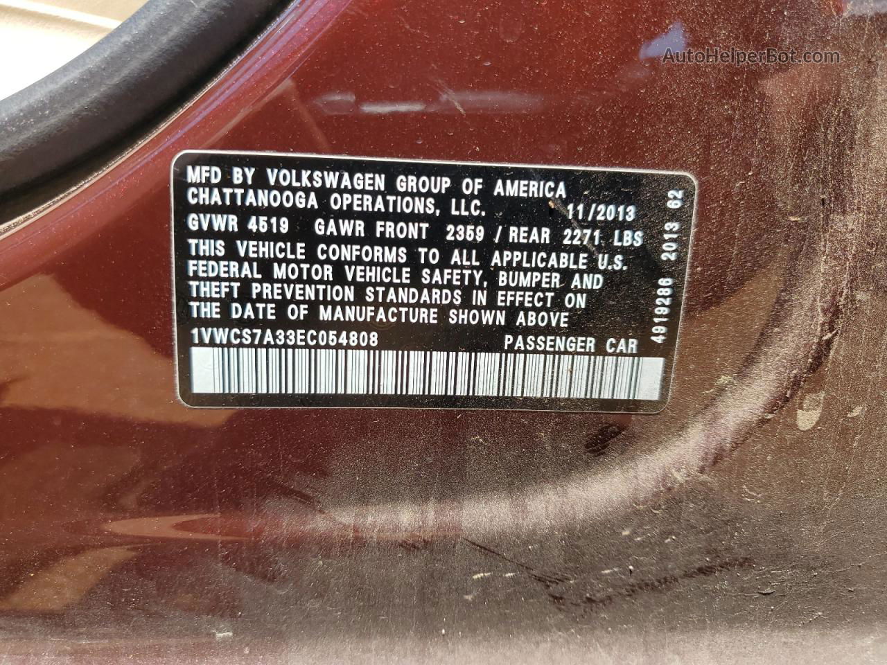 2014 Volkswagen Passat Sel Maroon vin: 1VWCS7A33EC054808