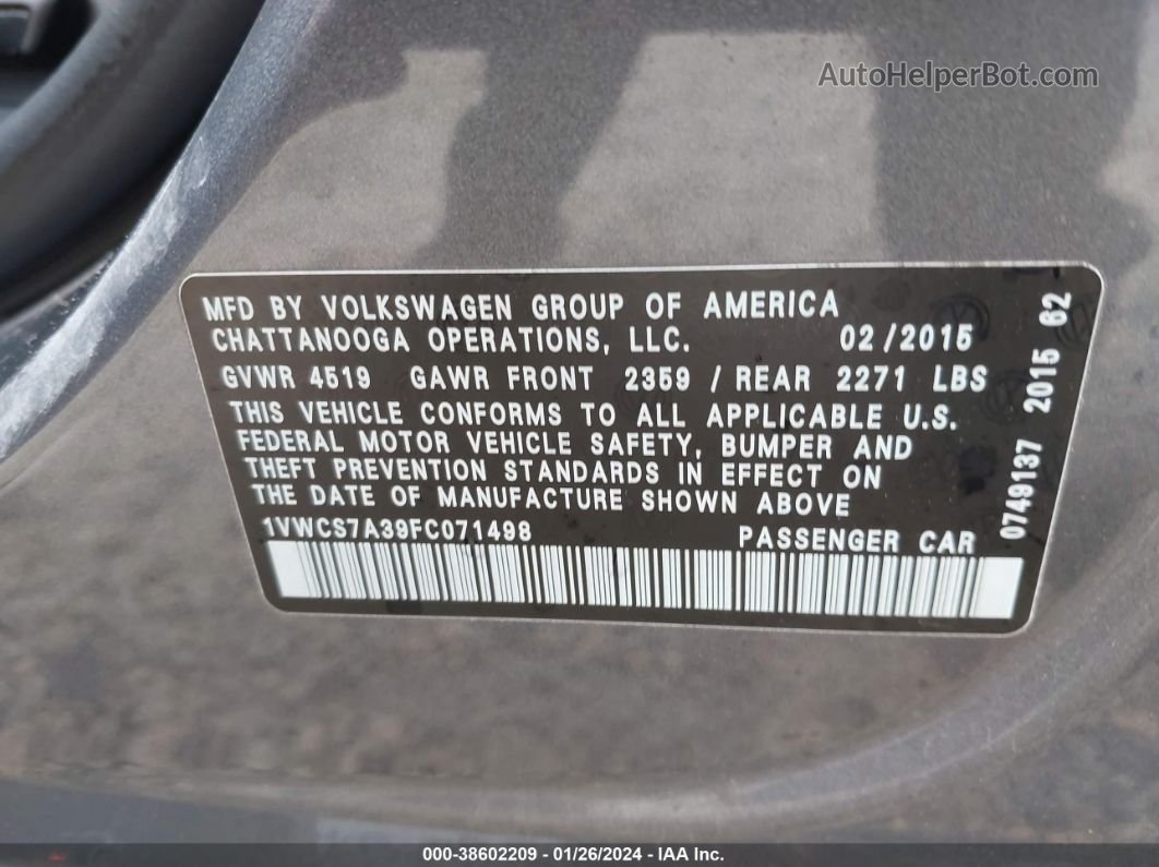 2015 Volkswagen Passat 1.8t Sel Premium Gray vin: 1VWCS7A39FC071498