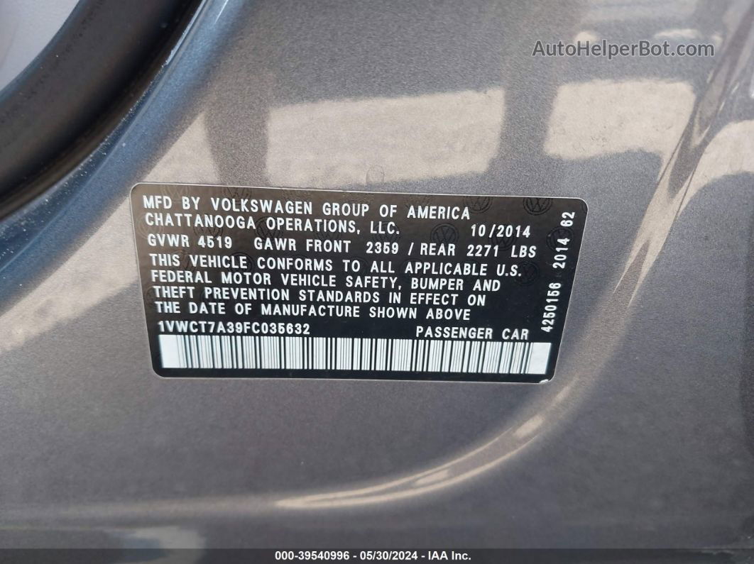 2015 Volkswagen Passat 1.8t Sel Premium Серый vin: 1VWCT7A39FC035632