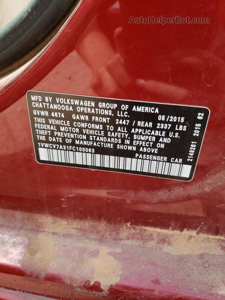 2015 Volkswagen Passat Sel Red vin: 1VWCV7A31FC100063