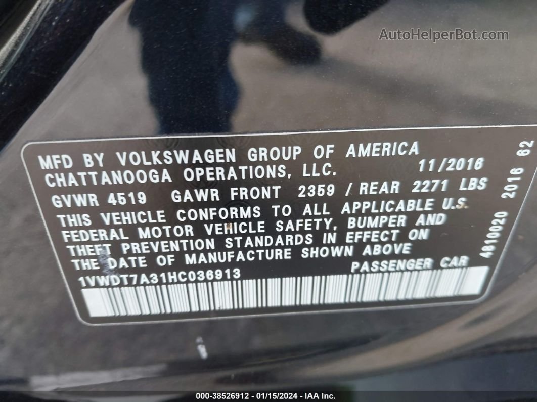 2017 Volkswagen Passat 1.8t R-line Black vin: 1VWDT7A31HC036913