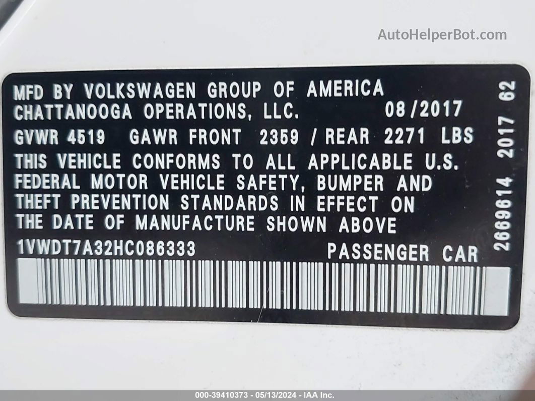 2017 Volkswagen Passat 1.8t R-line White vin: 1VWDT7A32HC086333