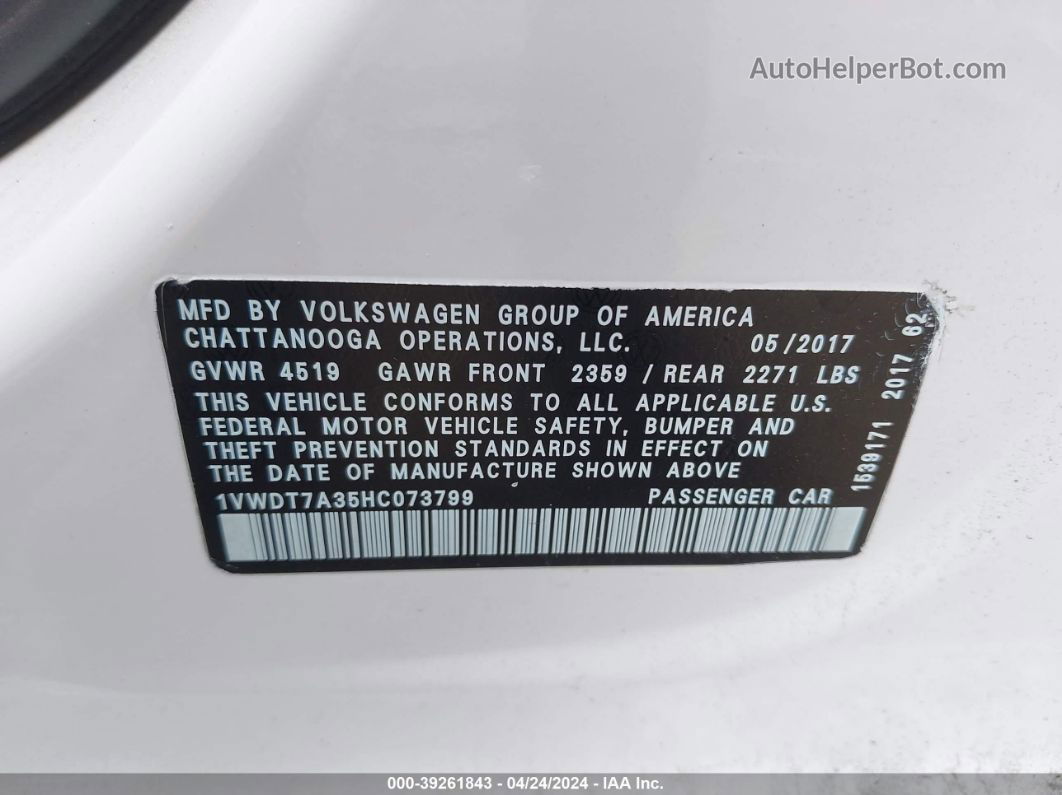 2017 Volkswagen Passat 1.8t R-line White vin: 1VWDT7A35HC073799