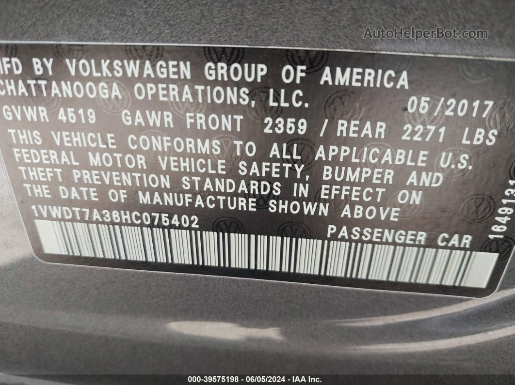 2017 Volkswagen Passat 1.8t R-line Gray vin: 1VWDT7A36HC075402