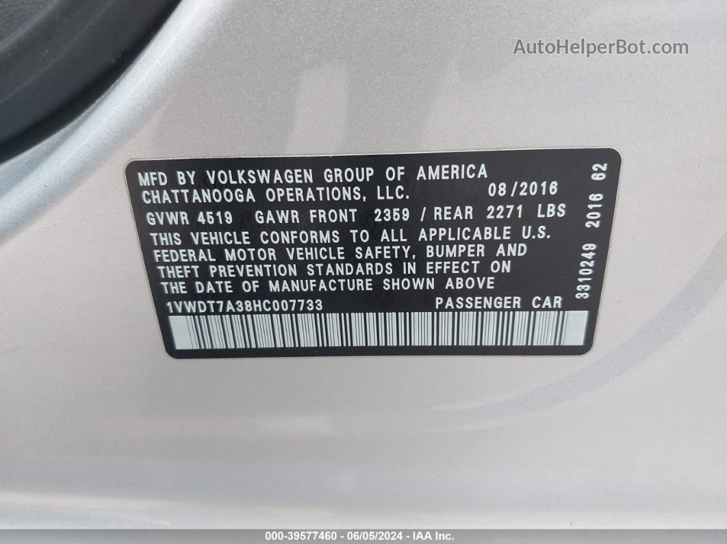 2017 Volkswagen Passat 1.8t R-line Silver vin: 1VWDT7A38HC007733