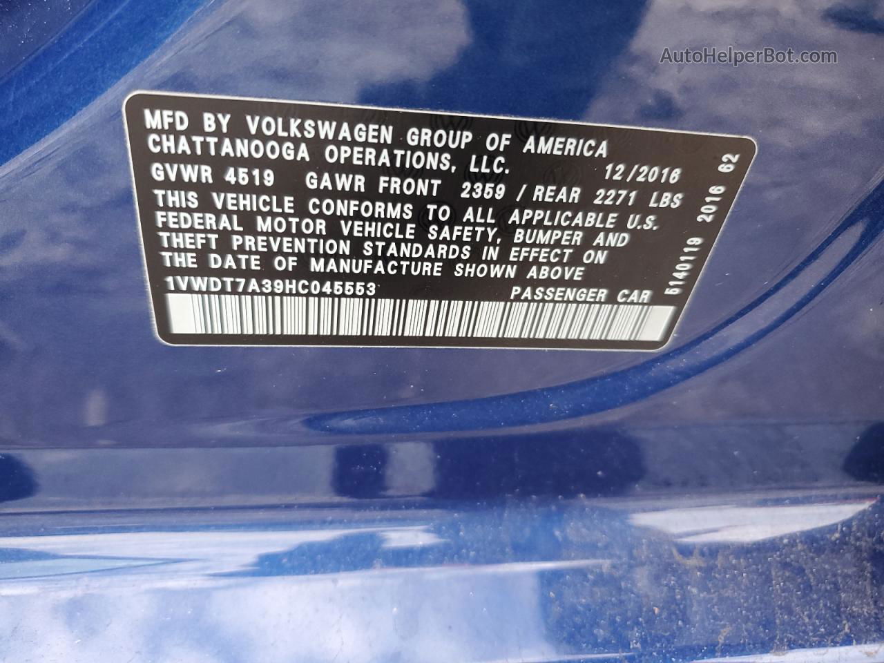 2017 Volkswagen Passat R-line Blue vin: 1VWDT7A39HC045553