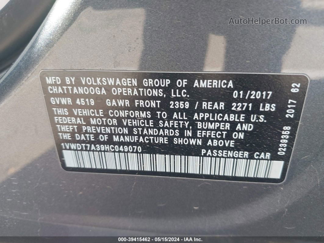 2017 Volkswagen Passat 1.8t R-line Gray vin: 1VWDT7A39HC049070