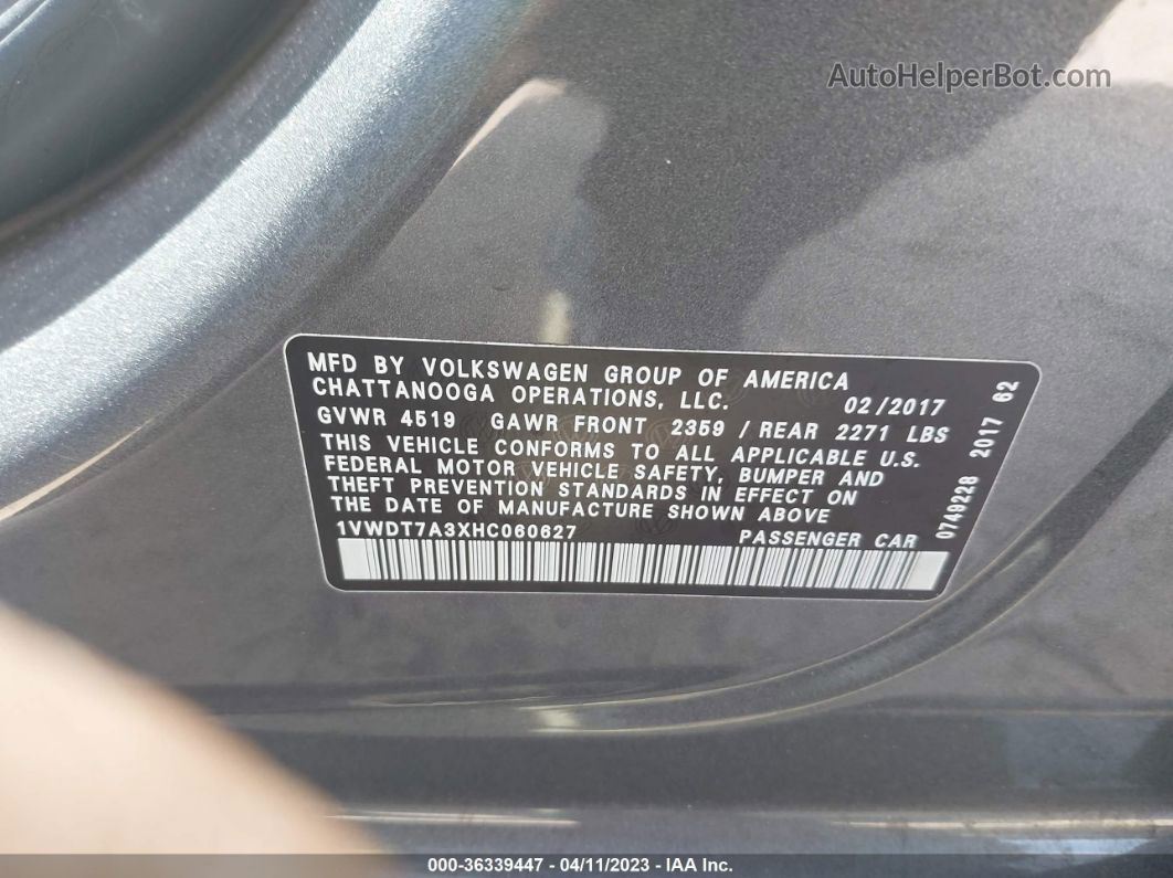 2017 Volkswagen Passat R-line W/comfort Pkg Gray vin: 1VWDT7A3XHC060627