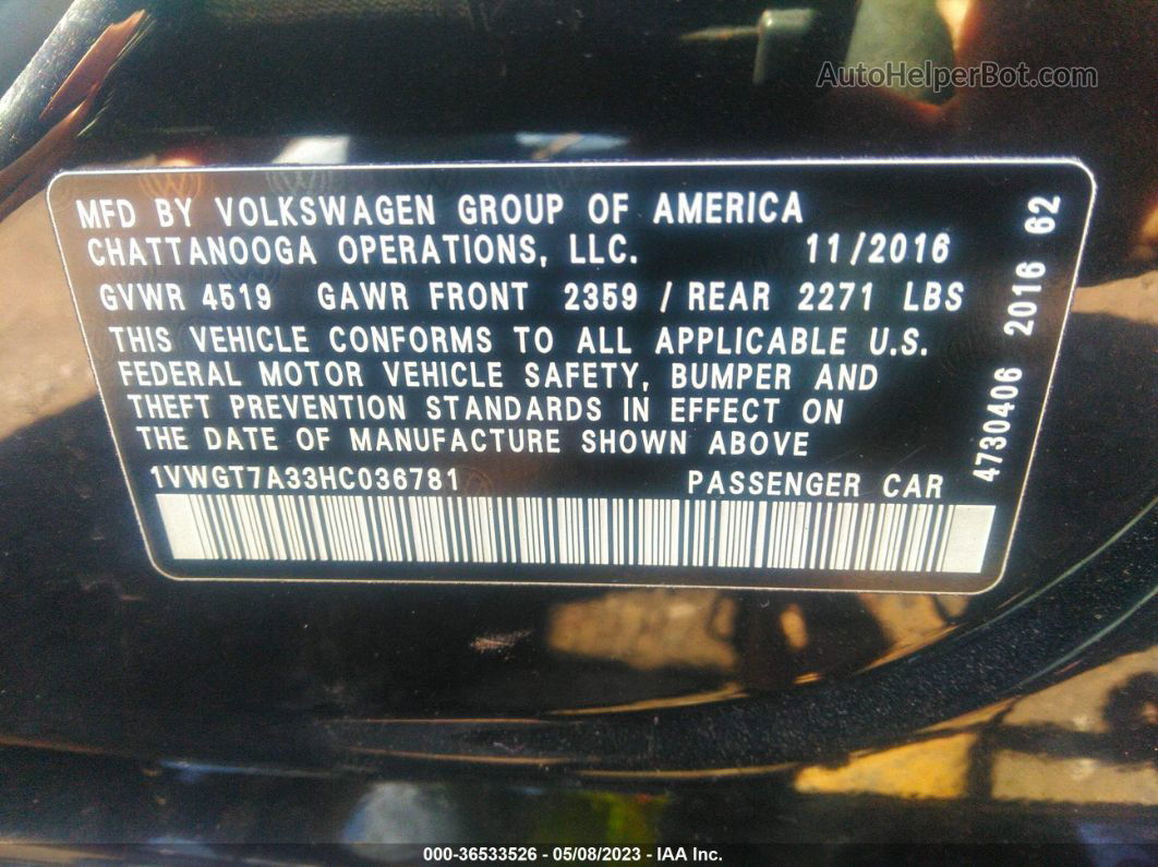 2017 Volkswagen Passat 1.8t Se Black vin: 1VWGT7A33HC036781