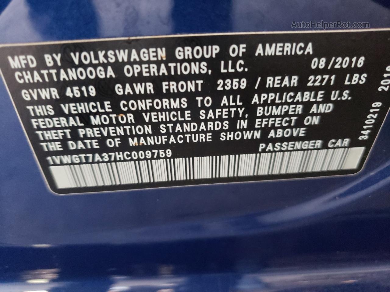 2017 Volkswagen Passat Se Blue vin: 1VWGT7A37HC009759