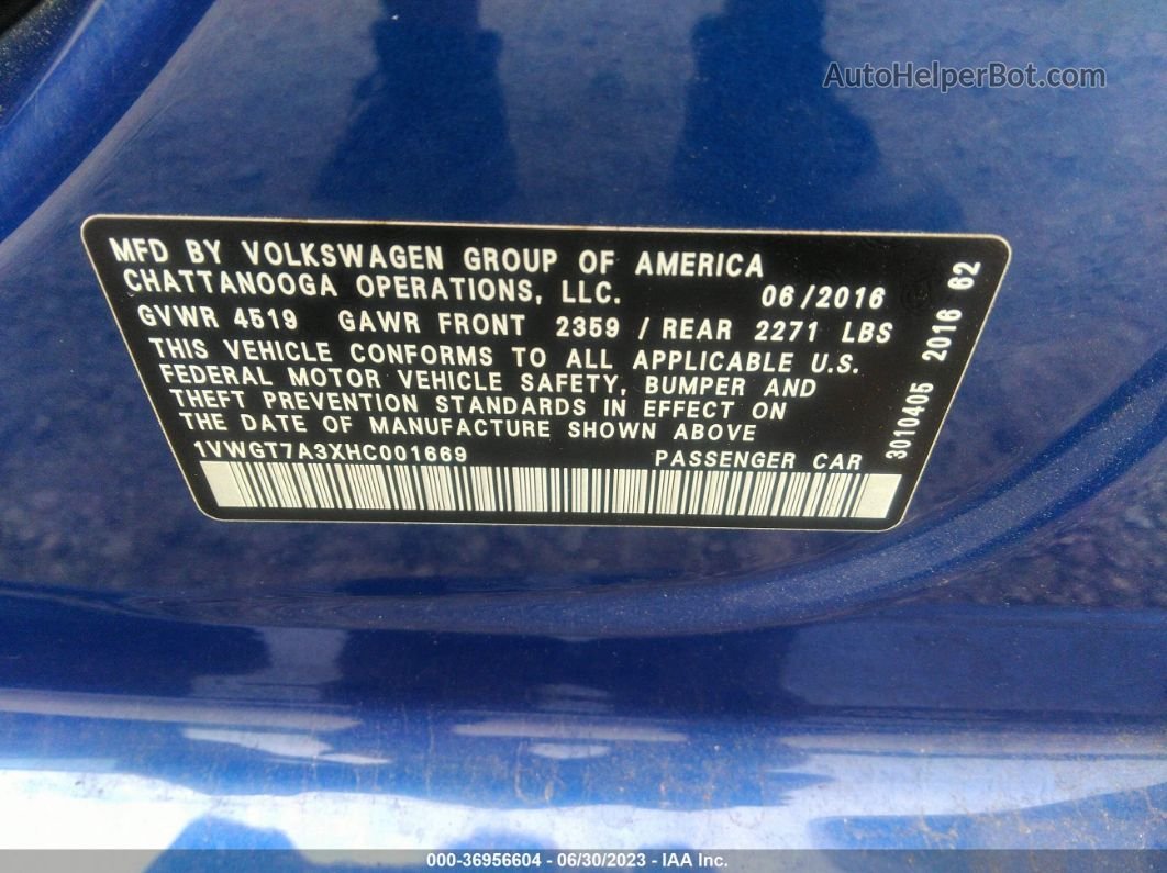 2017 Volkswagen Passat 1.8t Se W/technology Blue vin: 1VWGT7A3XHC001669