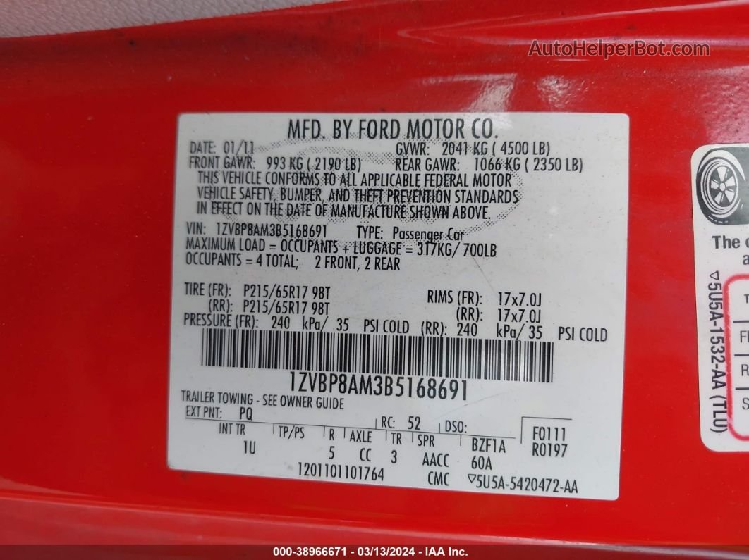 2011 Ford Mustang V6 Red vin: 1ZVBP8AM3B5168691