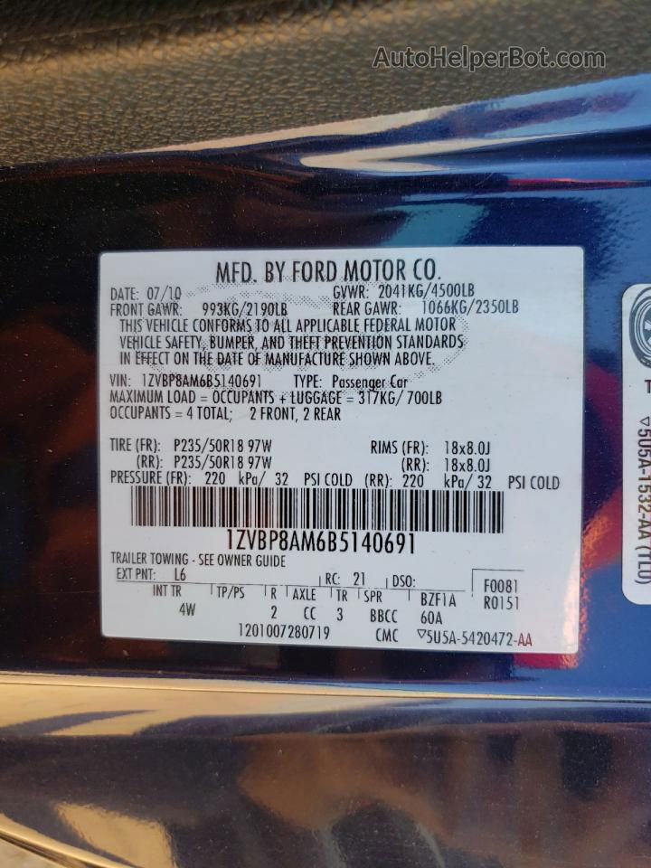2011 Ford Mustang  Blue vin: 1ZVBP8AM6B5140691