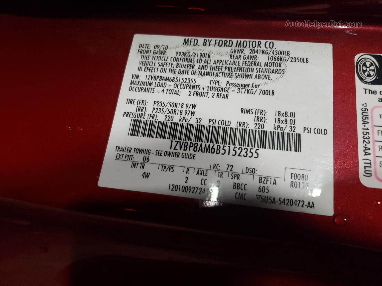 2011 Ford Mustang  Красный vin: 1ZVBP8AM6B5152355